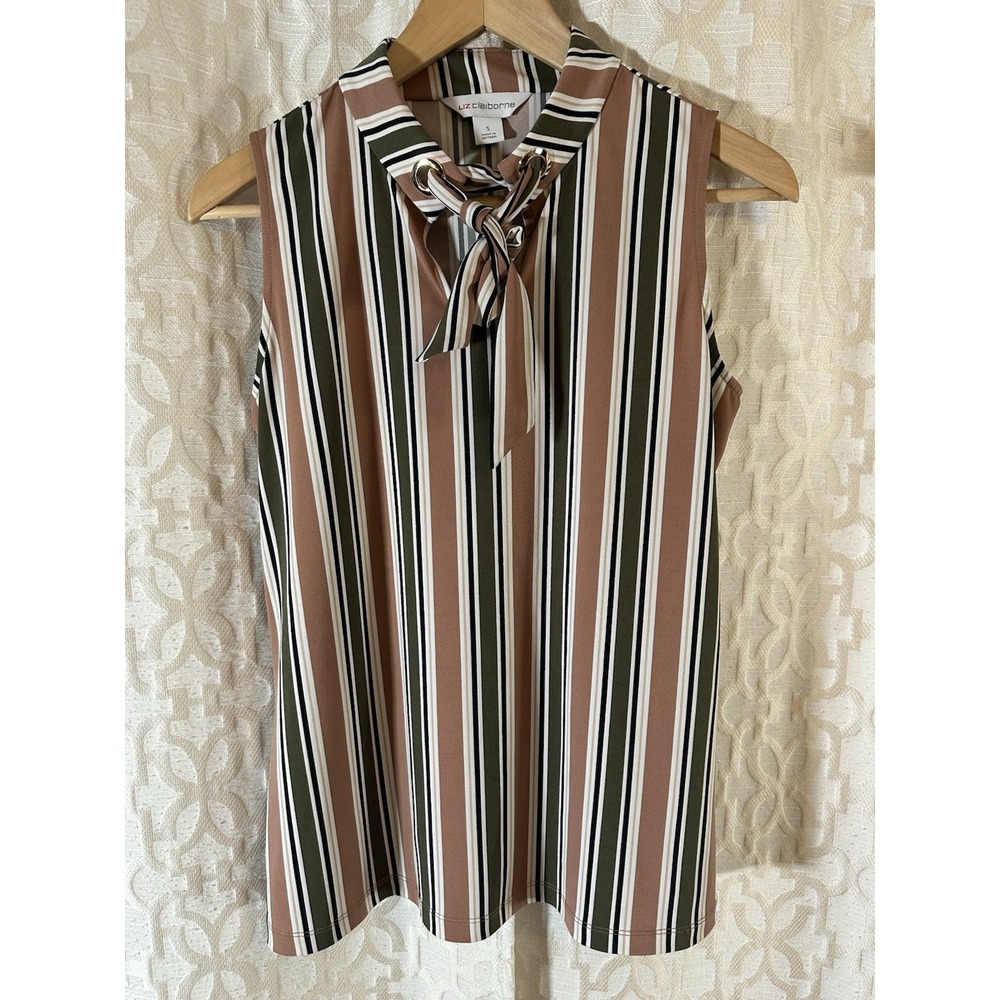 Liz Claiborne Career Sleeveless Bow Keyhole Top Sz s Green/Brown Striped